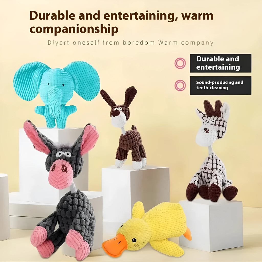 Bite-resistant plush dog chew toy showing donkey, duck, and elephant style options with squeaker