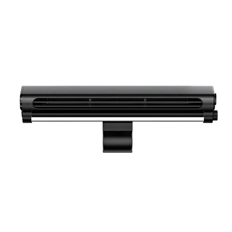 Black clip-on bladeless USB fan with LED lighting mounted on laptop screen showing compact design