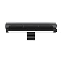 Black clip-on bladeless USB fan with LED lighting mounted on laptop screen showing compact design