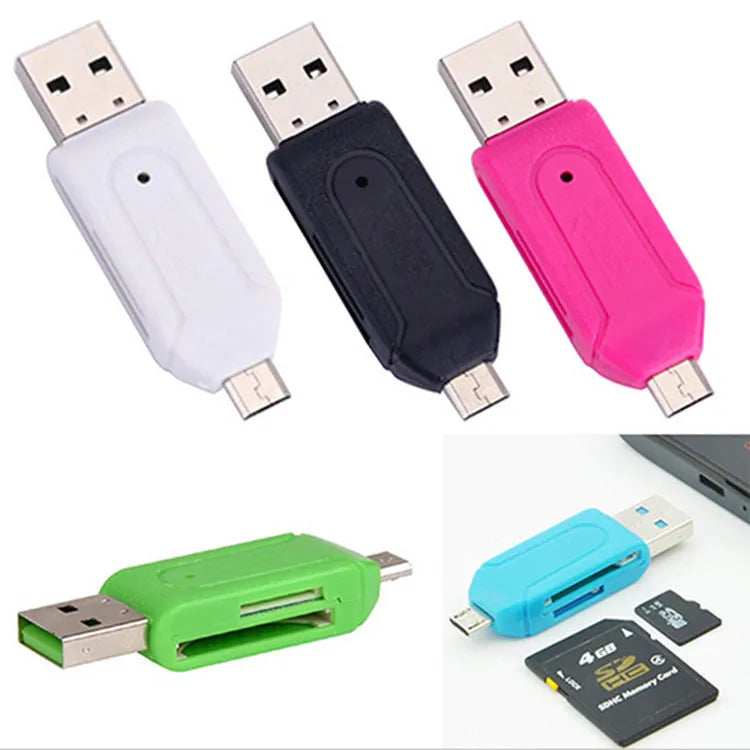 White OTG card reader with micro USB and USB connectors for Android phones and computers