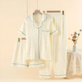 Women's garden gold colour cotton three-piece pajama set with lapel top and trousers.