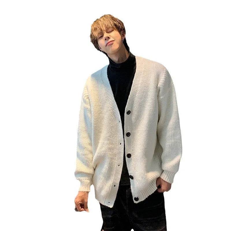 Men's loose fit V-neck cardigan sweater in army green, casual cotton blend fabric.