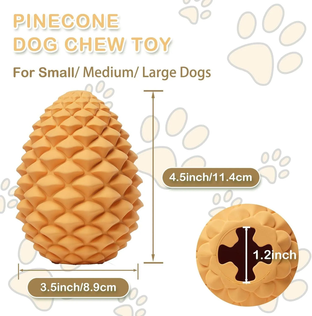 Yellow pine cone shaped dog chew toy with treat dispenser on textured surface