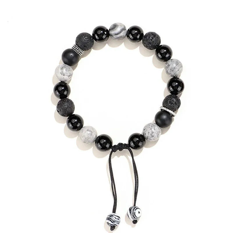 Black agate map stone bracelet with diamond volcanic rock beads in 8mm or 10mm sizes