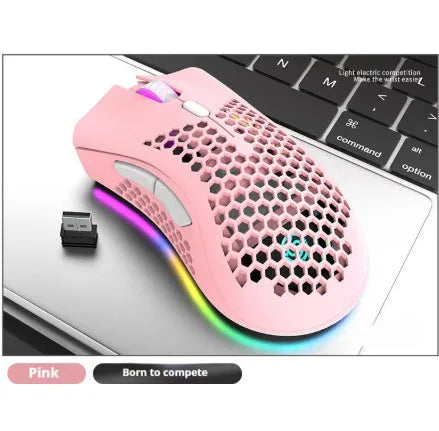 Wireless computer mouse with hollow-out design and luminous elements beside USB receiver