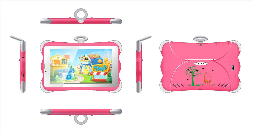 7-inch children's learning tablet in cartoon colours with protective stand, showing IPS screen and 3G calling capability