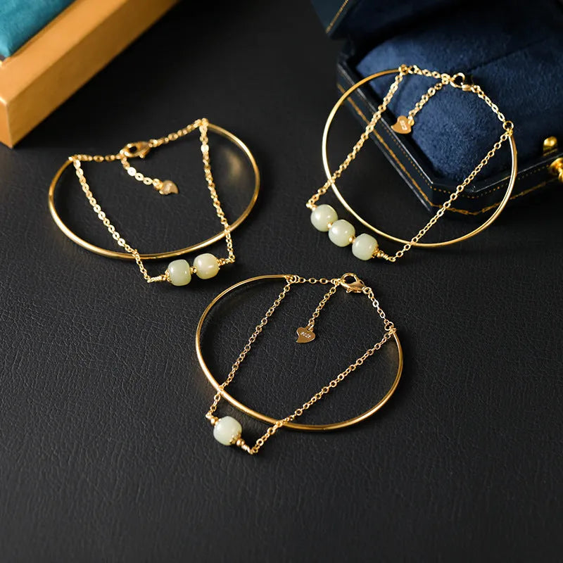 Women's jade lucky beads bracelet with gold inlay in single, double, or three beads options