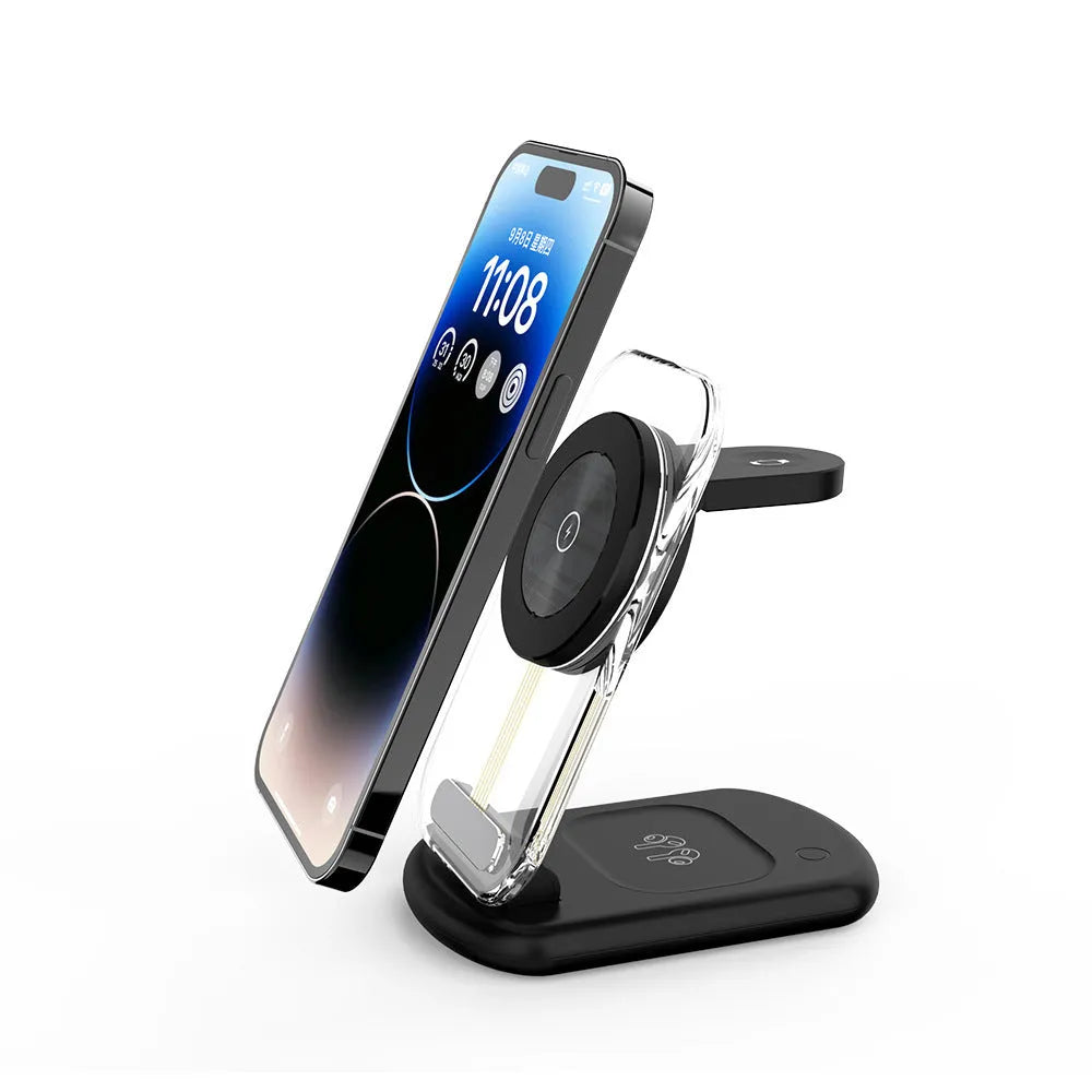 Transparent folding magnetic three-in-one wireless charger in black or white with QC3.0 fast charging