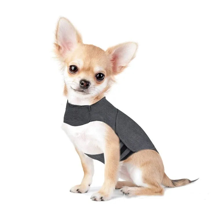 Heather grey dog anxiety calming vest jacket made from soft brocade cotton fabric on a medium-sized dog.