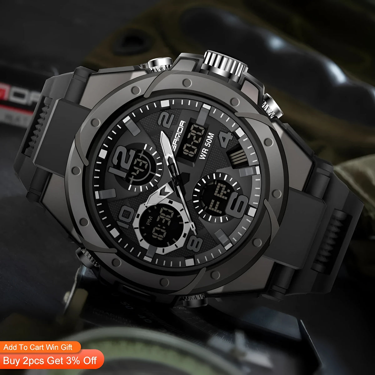 Men's military sports watch with 45mm round dial, resin case, rubber strap, and 30M water resistance.