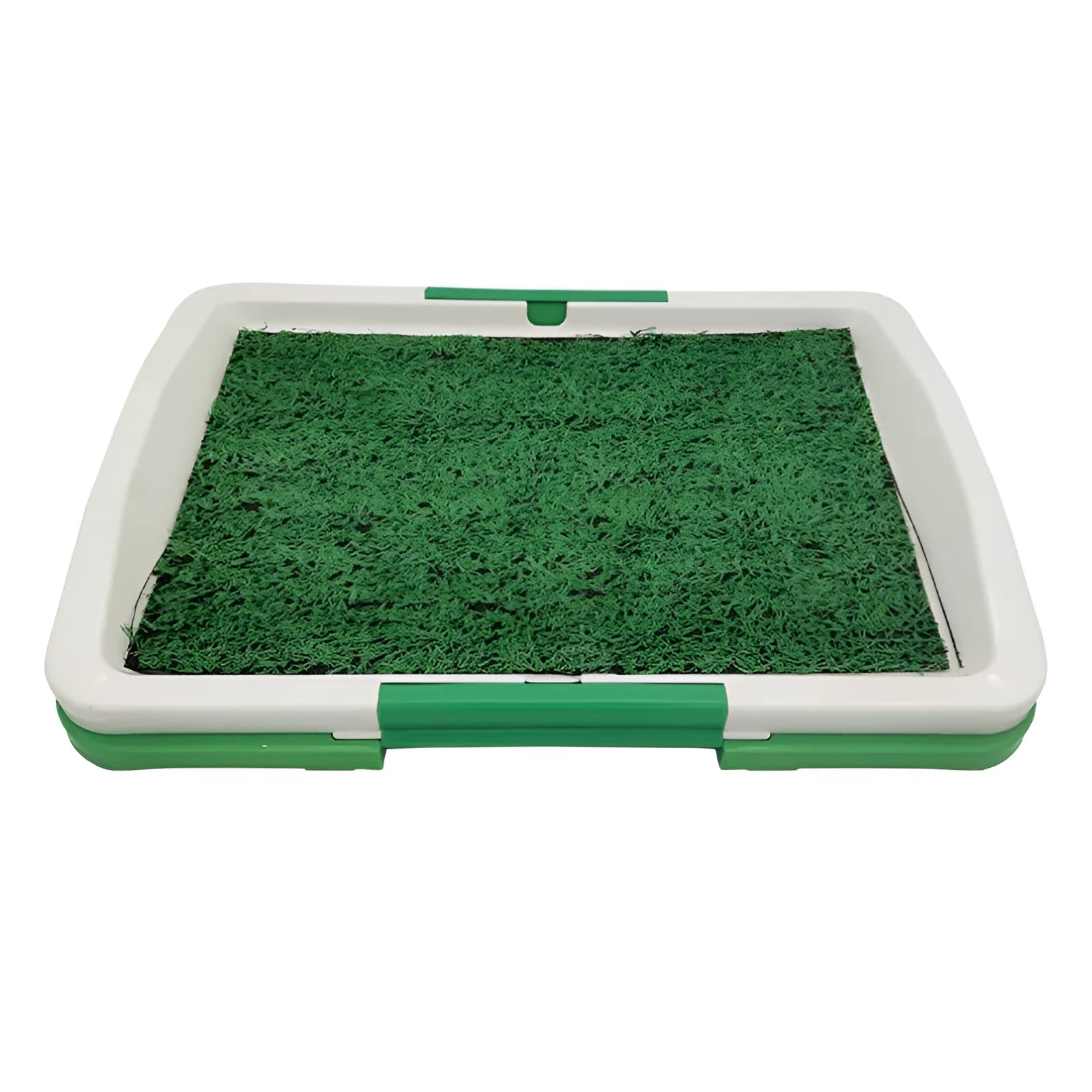 Green artificial grass dog toilet patch measuring 69cm square with three-layer construction for indoor pet training