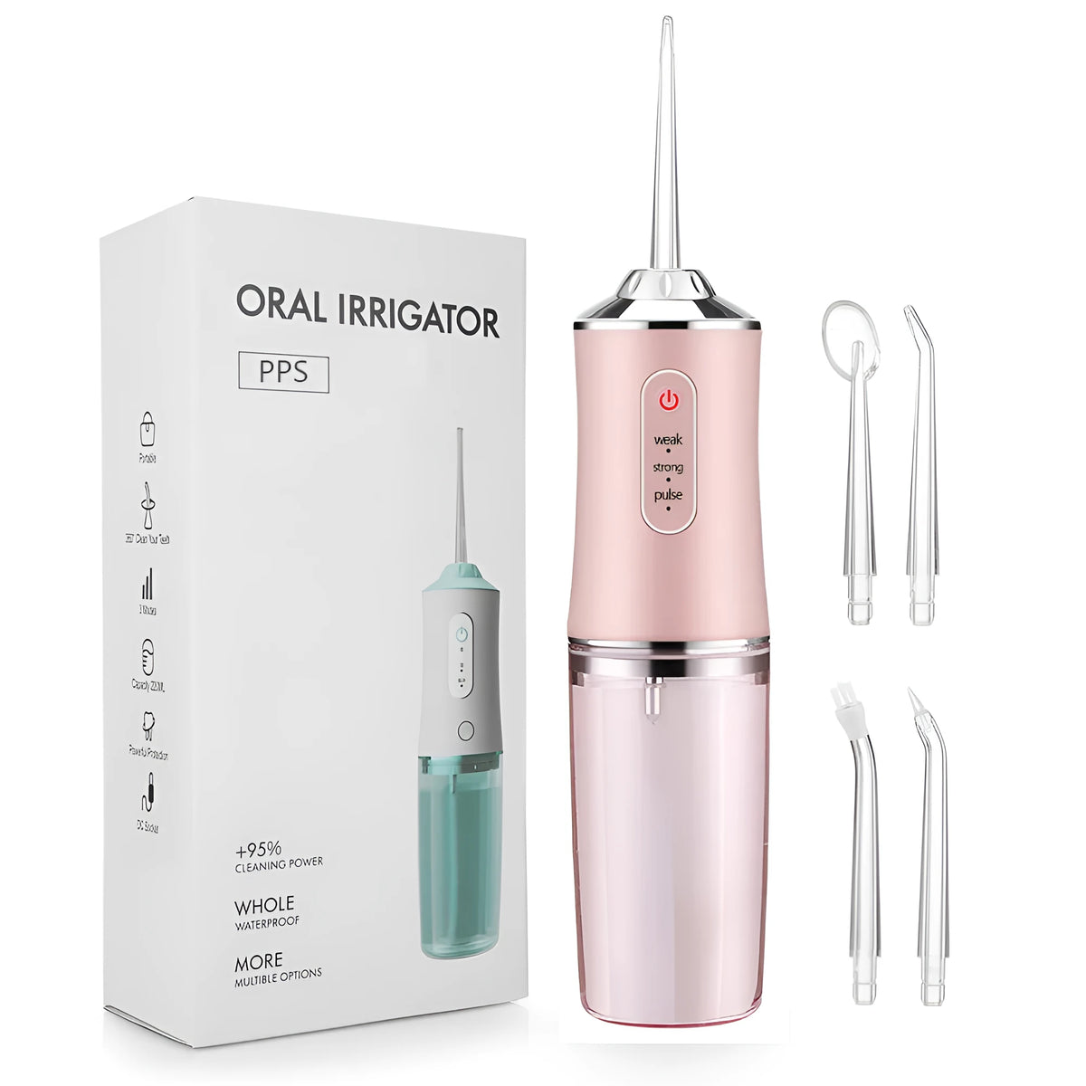 Handheld electric water flosser in white, pink, light green, or white-green with three speed settings, four nozzles, and USB cable
