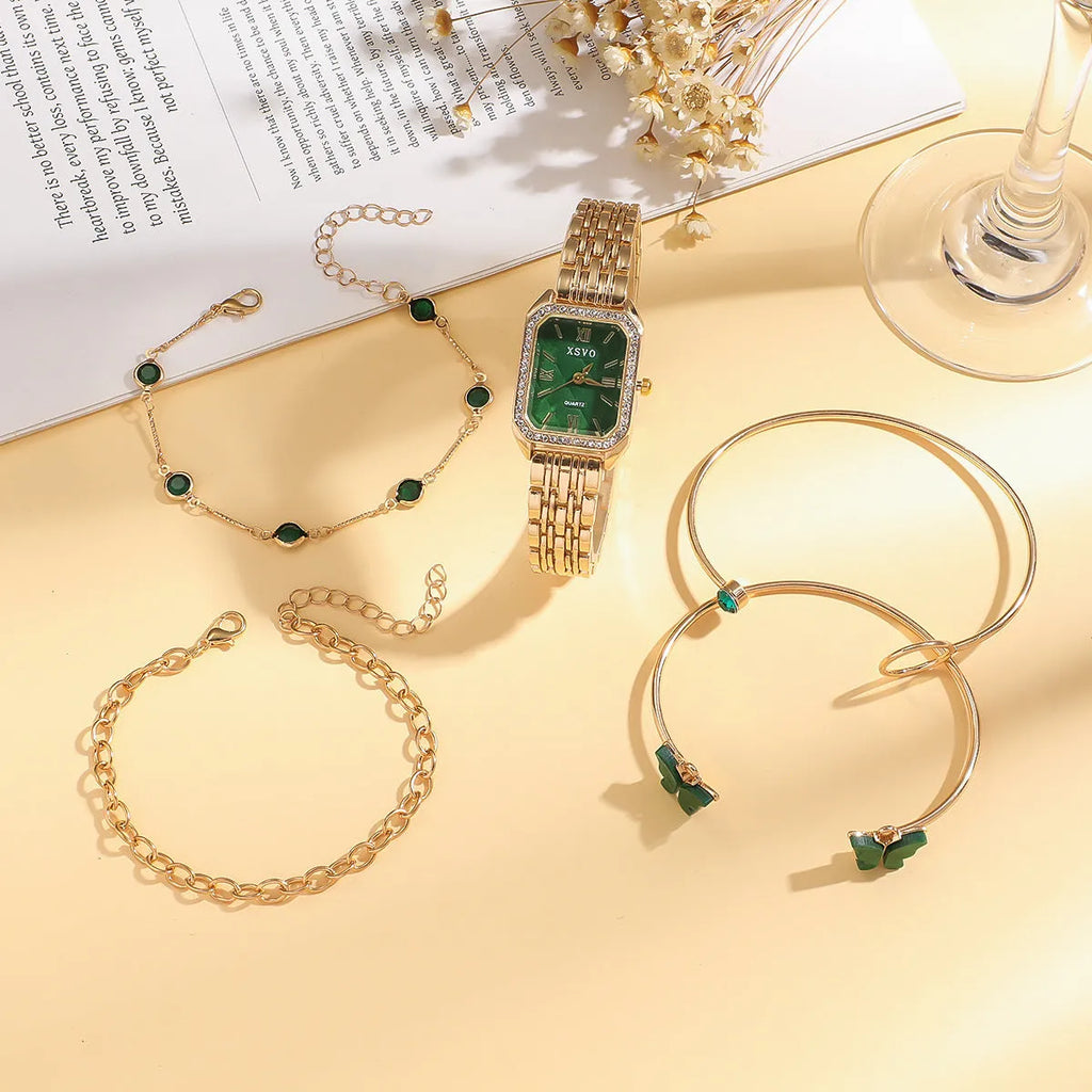 Gold green women's square watch with four matching bracelets, 25mm dial diameter