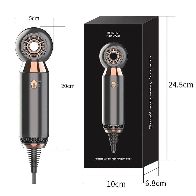 Leafless blower with a foldable handle, showing single nozzle and control buttons for hot/cold air and speed.
