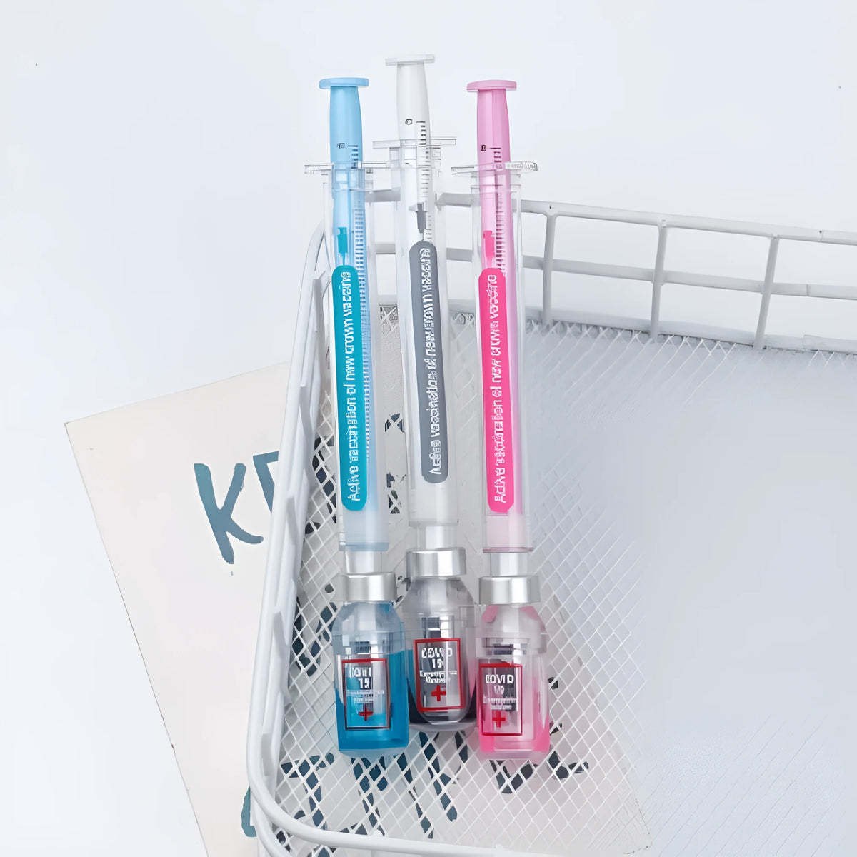 Vaccine design gel pen with black ink and 0.5mm tip in plastic construction