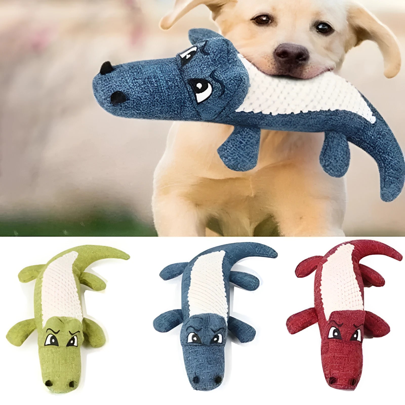 Blue, green, and red corn cob plush pet toys with textured grid pattern
