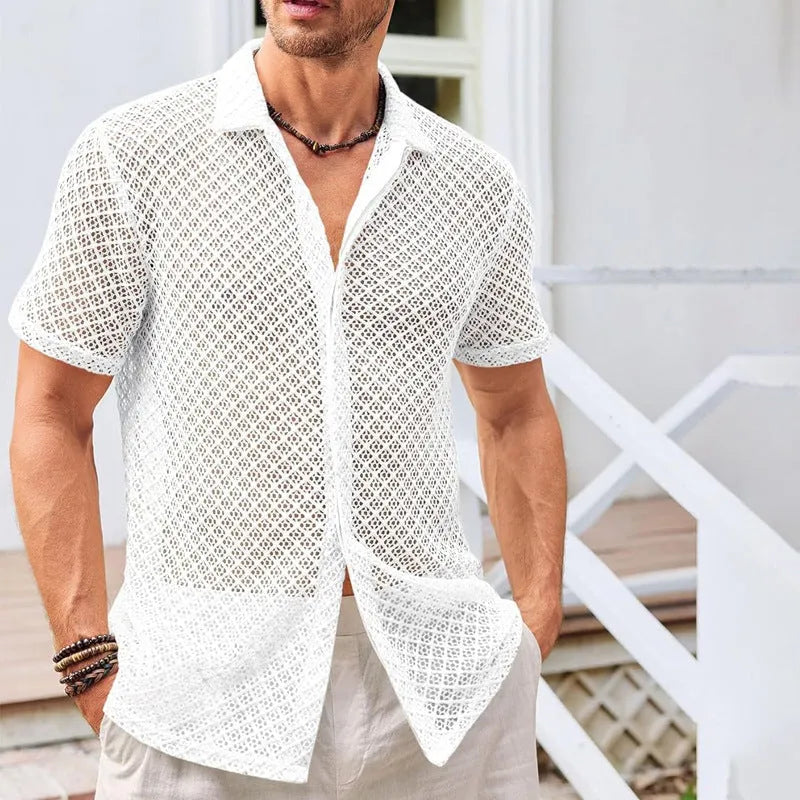 Men's short sleeve lapel shirt in mesh cotton blend fabric available in beige, black, and white