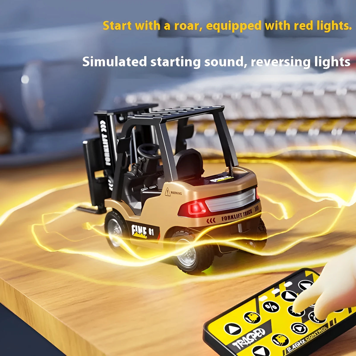 1:64 scale Bluetooth remote-control alloy forklift model with accessories and obstacle course