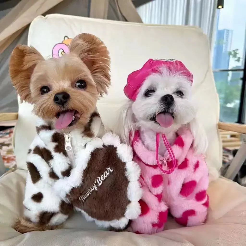 Plush polyester dog coat for small breeds in pink and brown colour options showing British style design