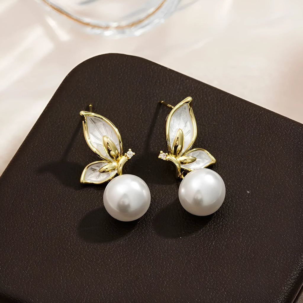 Zircon butterfly earrings with oil painting designs on electroplated copper