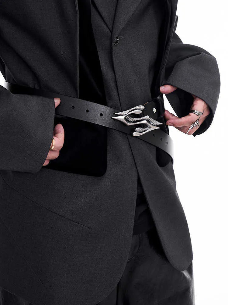 Black two-layer cowhide men's leather belt with a metal letter buckle, laid flat showing its 110cm length.
