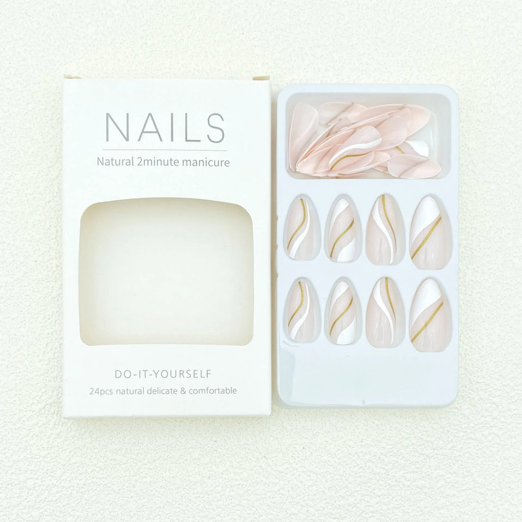 Golden Lines plaid pattern wearable nail stickers with jelly glue for medium drop-shaped fingernails.