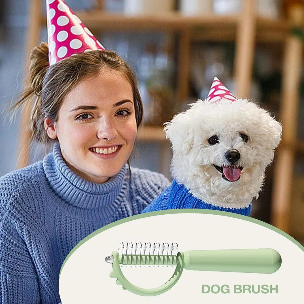 Blue dinosaur-shaped self-cleaning cat brush with double-sided grooming head