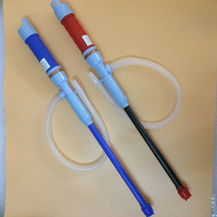 Blue manual hand pump with pipe for transferring fuel, oil or water.