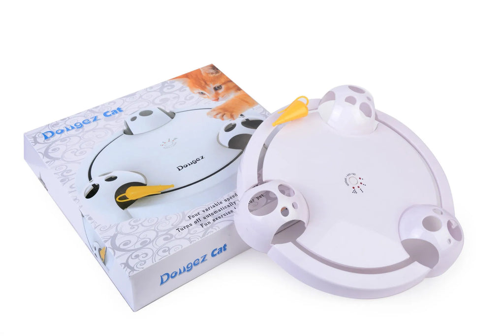 White electric cat toy turntable with automatic catching mouse, 32cm diameter, ABS plastic body