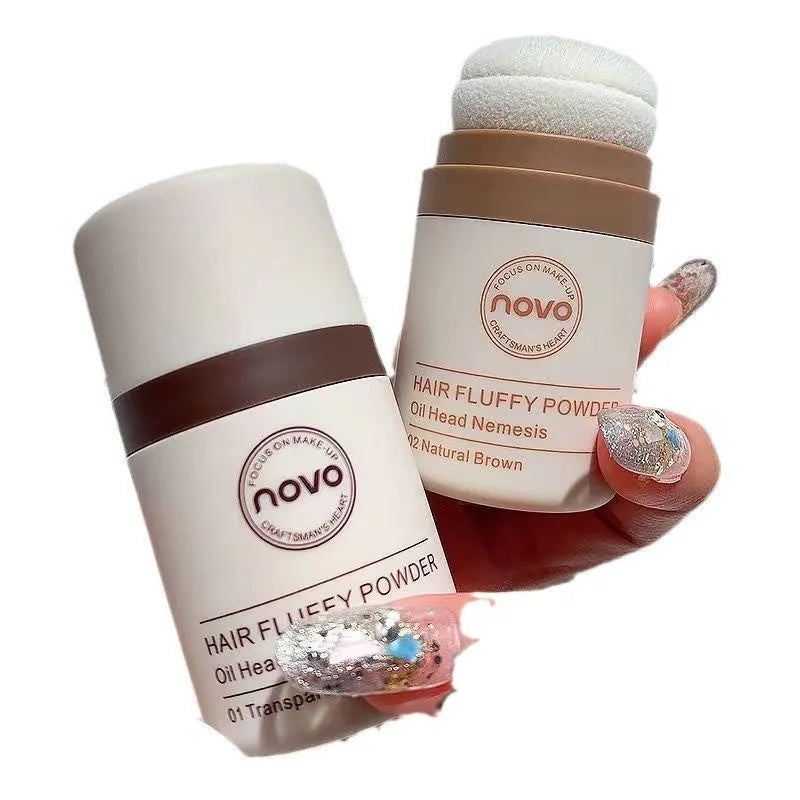 Compact of mattifying face powder for oil control on hairline and skin, shown in transparent, brown, and dark brown shades.