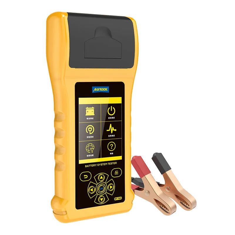 Autool BT760 colour screen automotive battery tester with clip leads and printed diagnostic receipt.