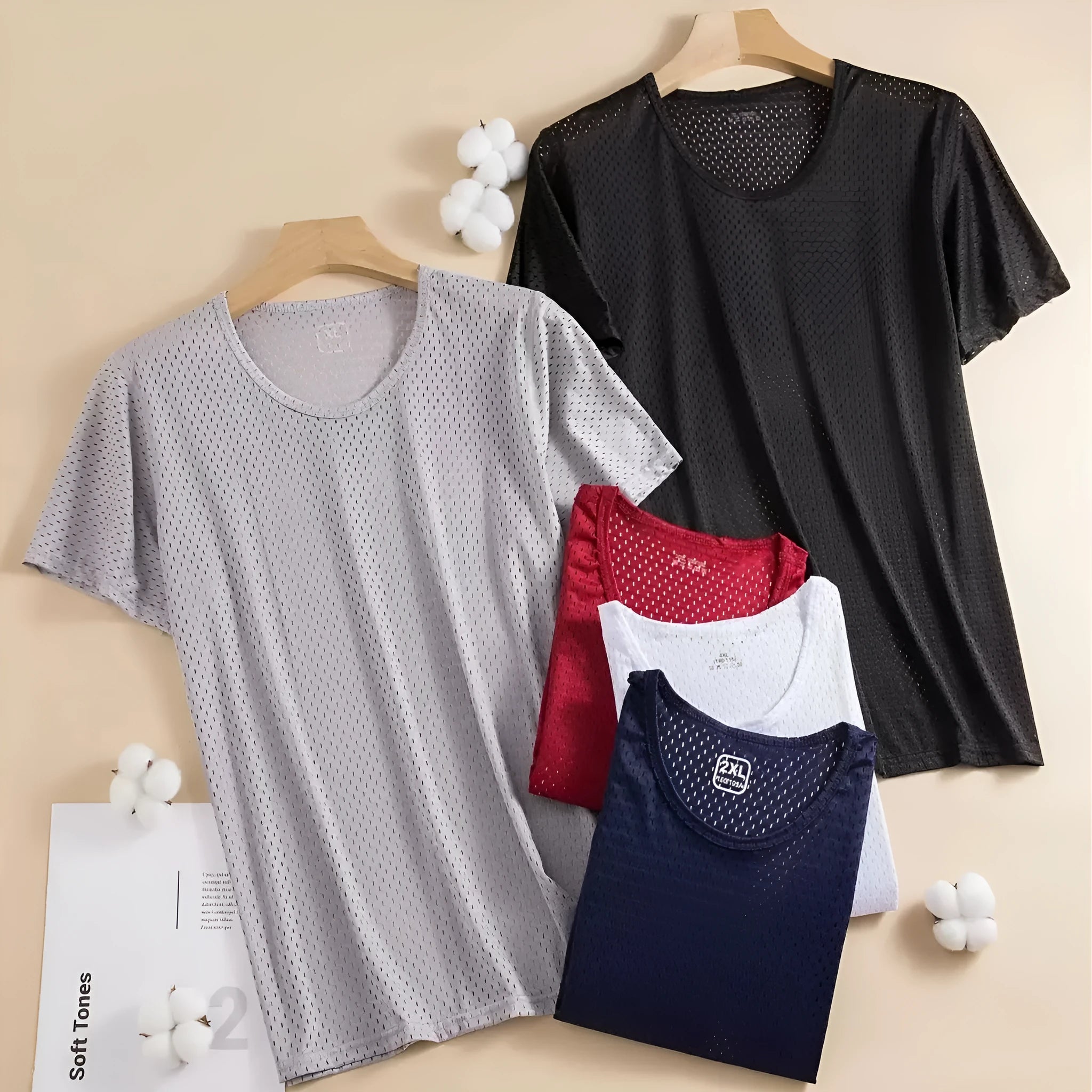 Men's solid colour ice silk short sleeve T-shirt with crew neck in loose mesh fabric.