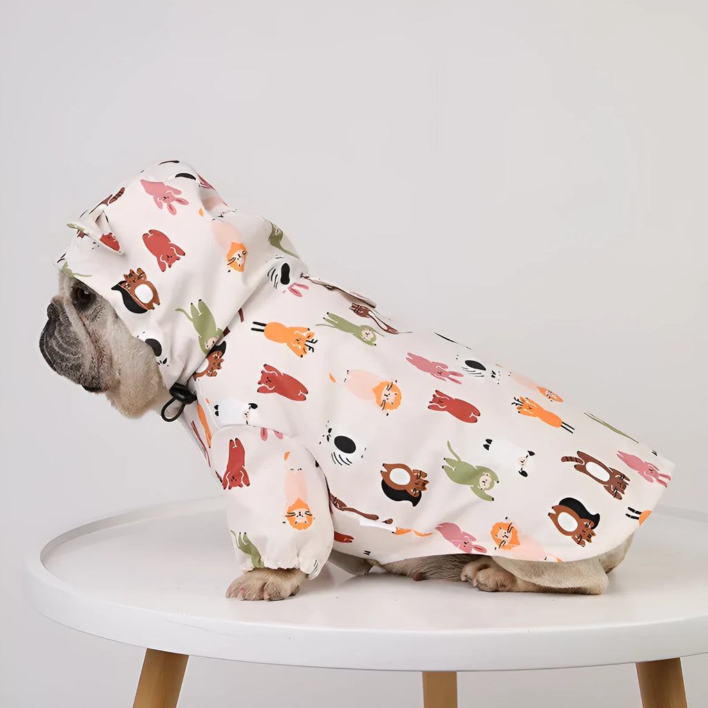 Cartoon-style dog raincoat with double waterproof coating in beige colour options