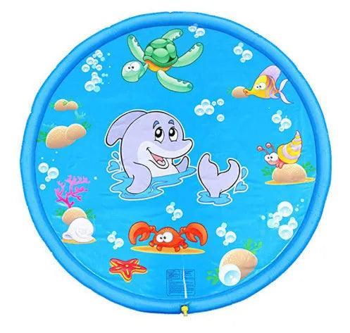 Blue children's water spray play mat with marine animal graphics for outdoor garden use