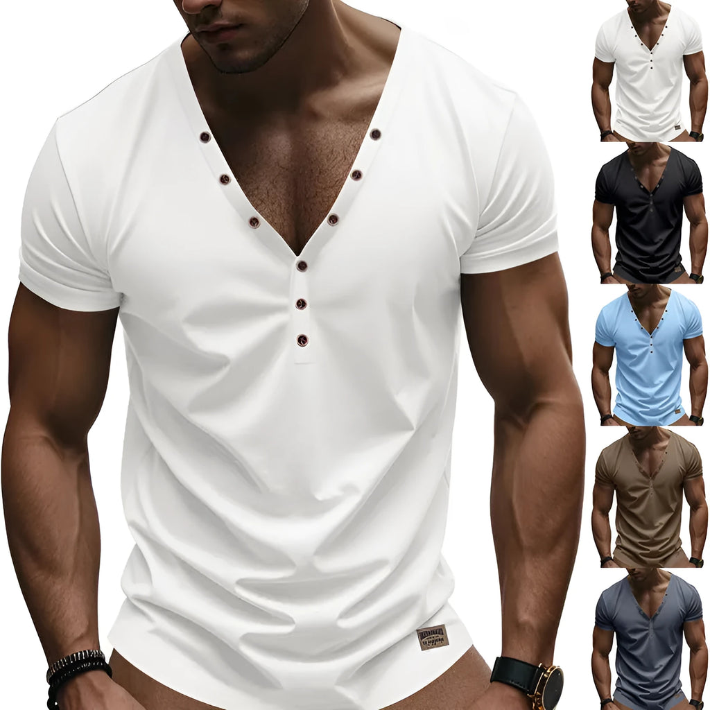 Men's loose thin trendy V-neck top with buttons design in chemical fibre blend fabric available in multiple colours