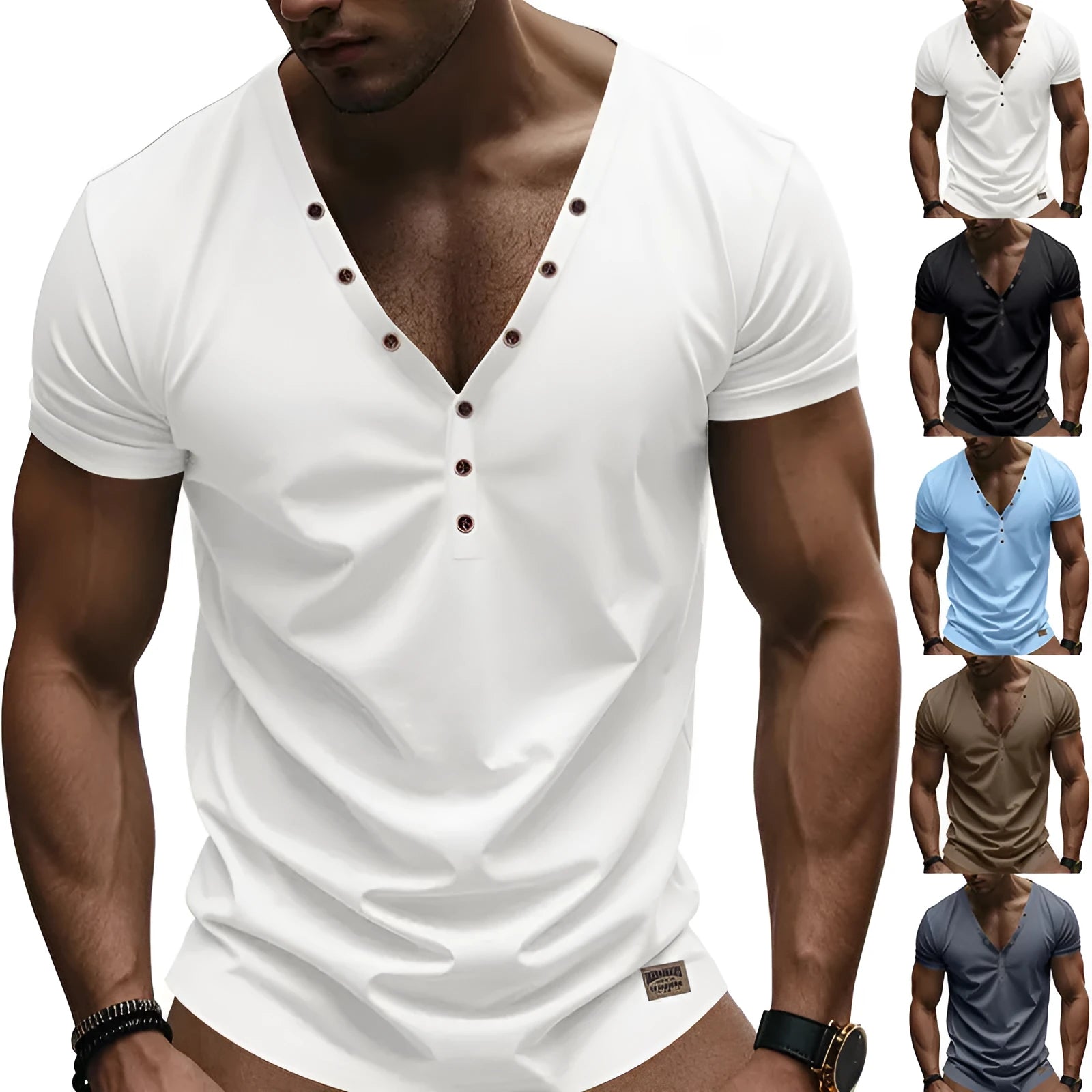 Men's loose thin trendy V-neck top with buttons design in chemical fibre blend fabric available in multiple colours