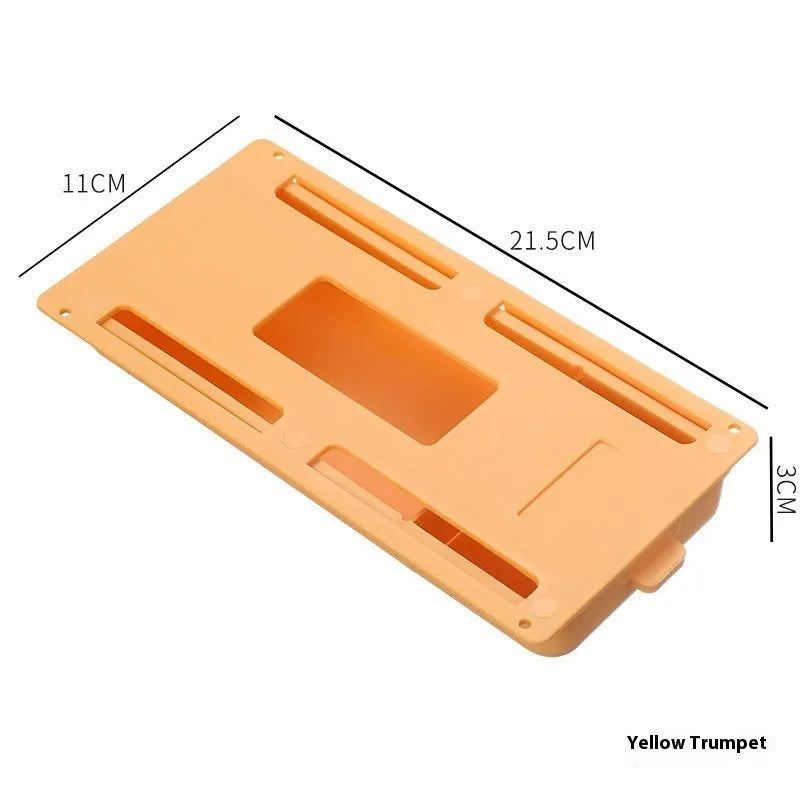 Adhesive under-table plastic storage box with covered lid and internal grid organisation
