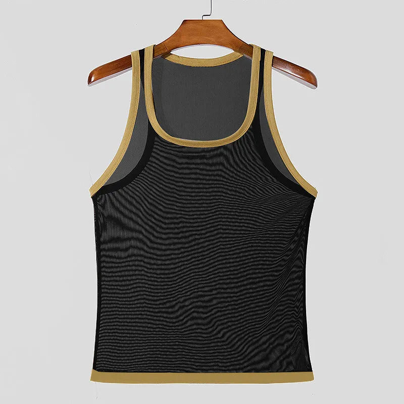 Men's tight-fitting black mesh vest for sports and fitness training.