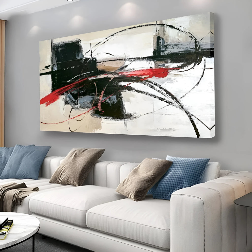Handmade abstract oil painting on canvas, rolled and unframed, horizontal one-panel wall art