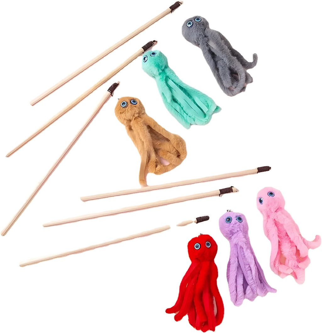Brightly coloured cat octopus toy with long stick wand for interactive play with indoor cats