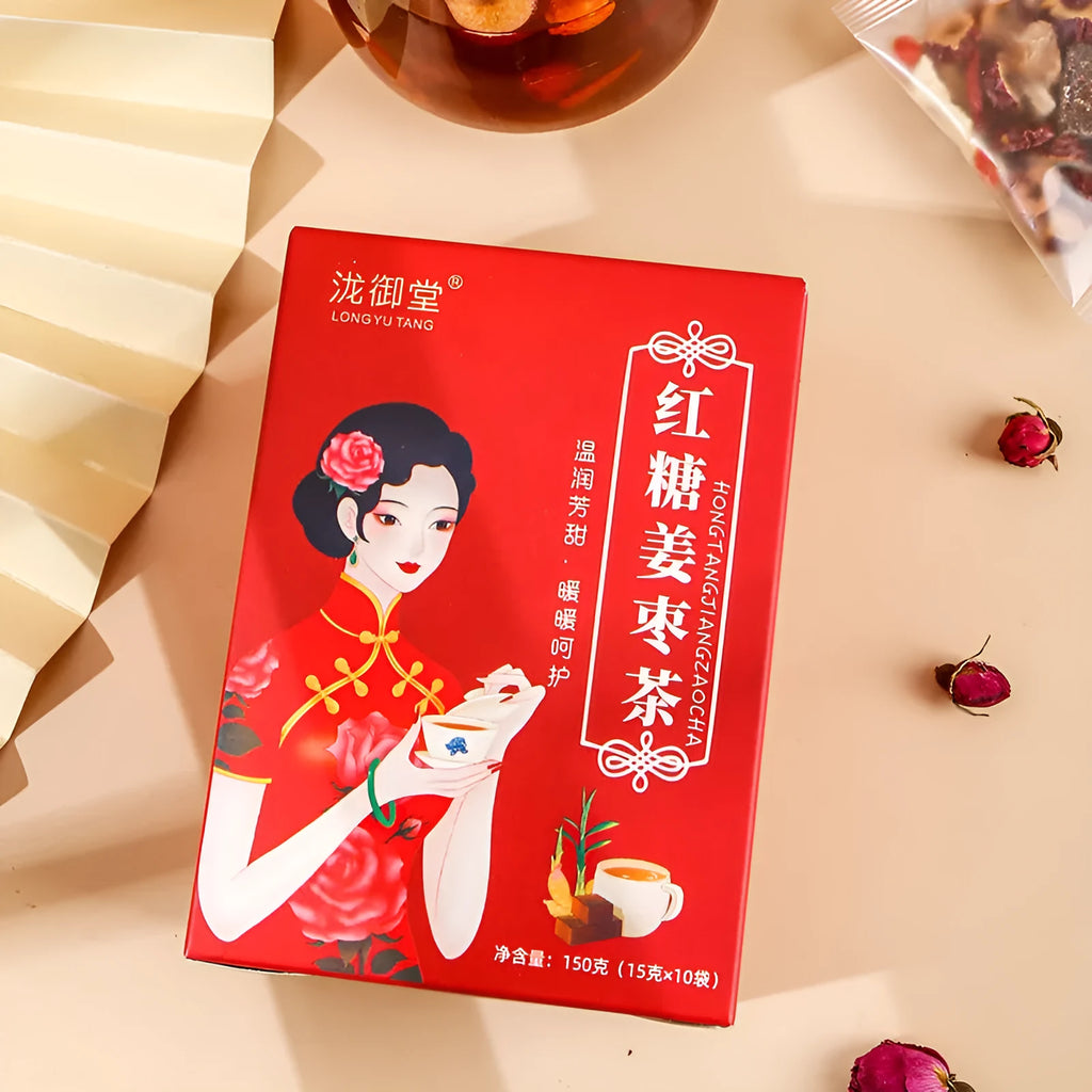 Box of ginger and jujube herbal tea with brown sugar, red dates, and wolfberries
