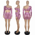 Women's black hollow-out net two-piece dress set with sleeveless top and short skirt.