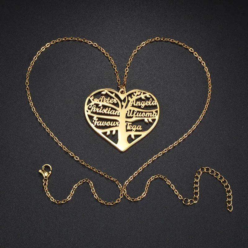 Custom stainless steel necklace with hollow heart and lucky tree pendant, shown in silver, gold, and rose gold finishes.