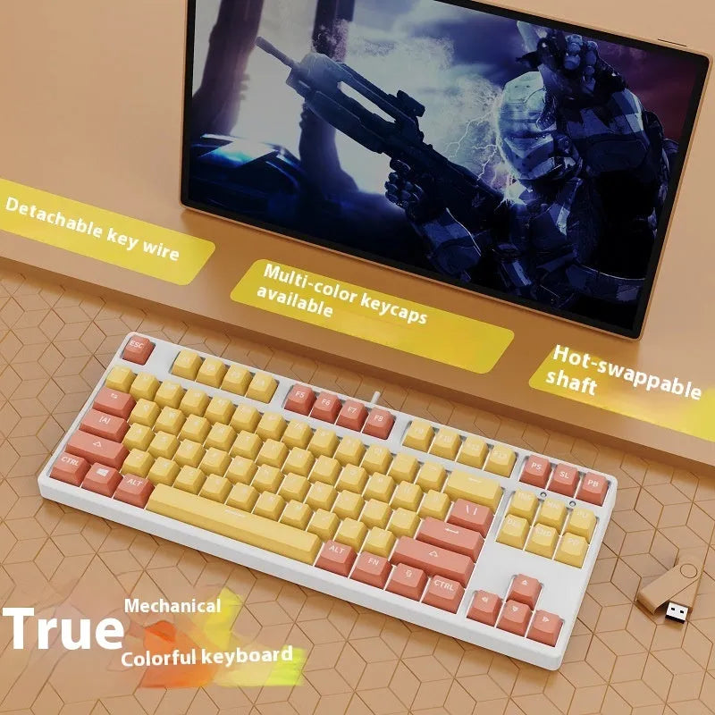 87-key wired mechanical keyboard with two-tone keycaps in orange and yellow colour combination