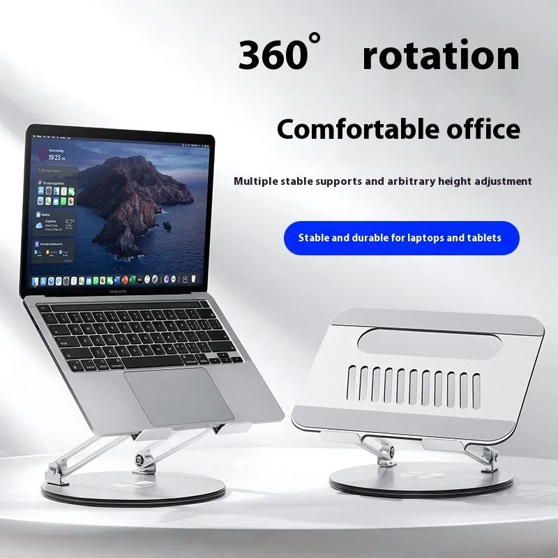 Silver aluminium laptop stand showing rotation and lifting features