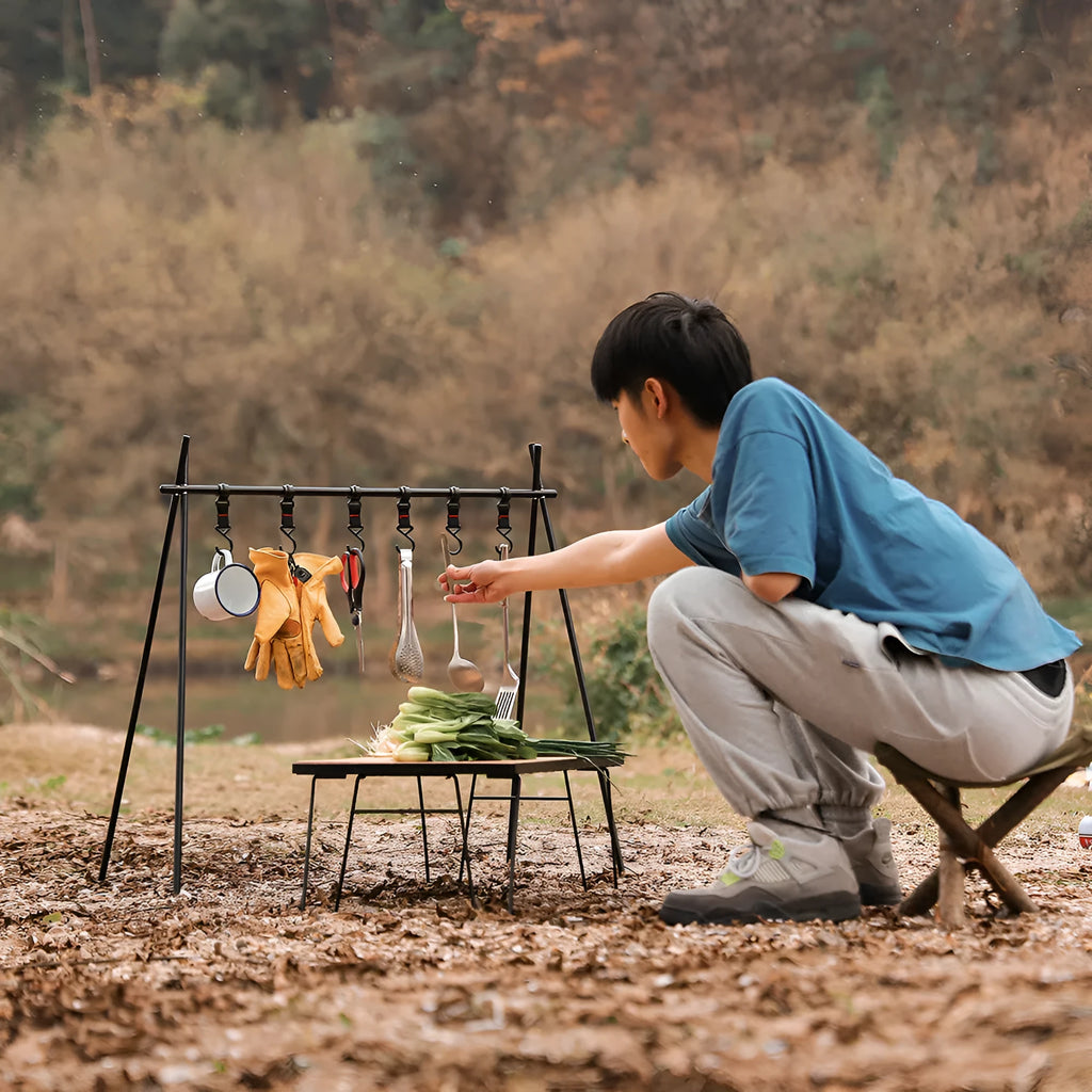 Aluminium alloy foldable triangle clothes drying rack for camping with side hooks