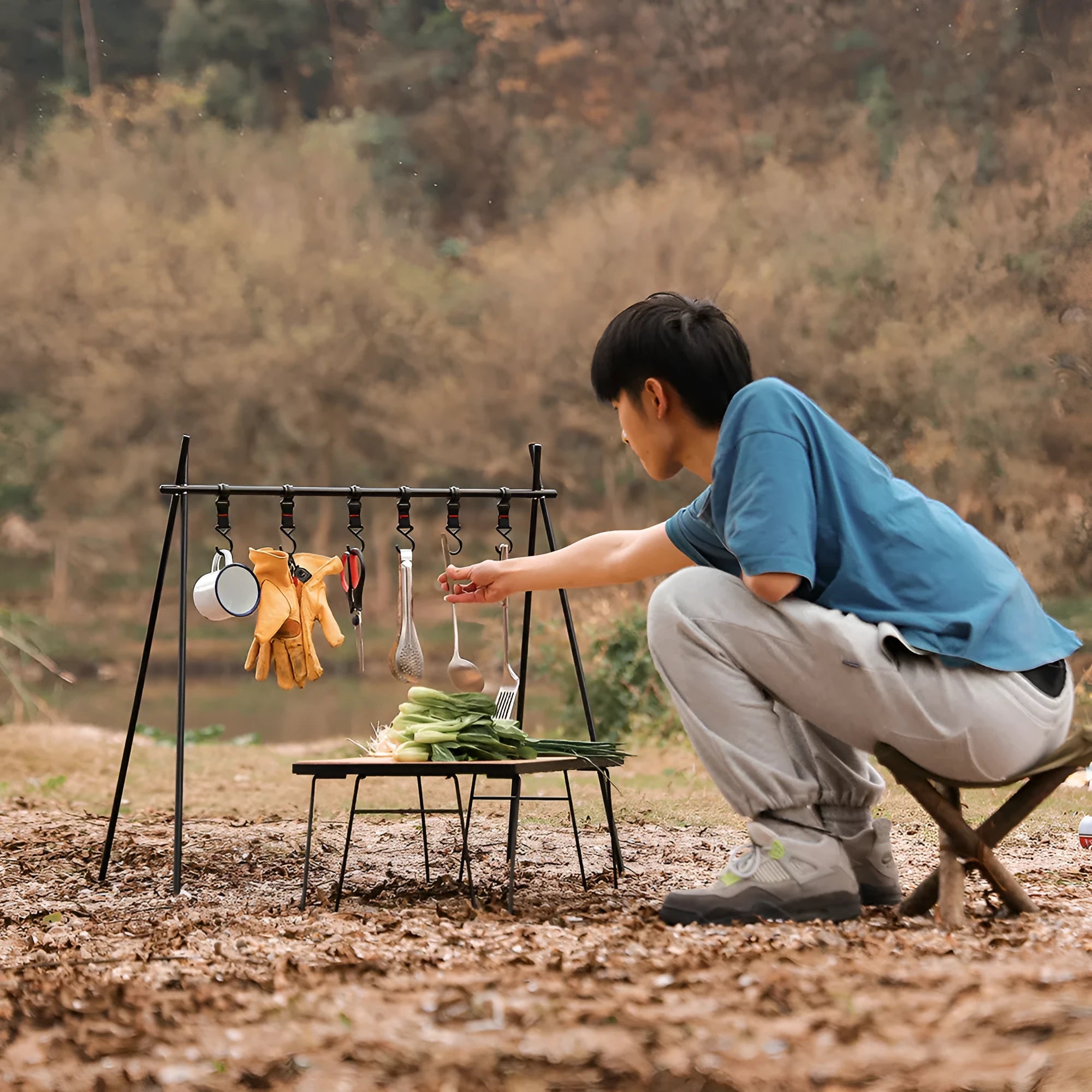 Aluminium alloy foldable triangle clothes drying rack for camping with side hooks