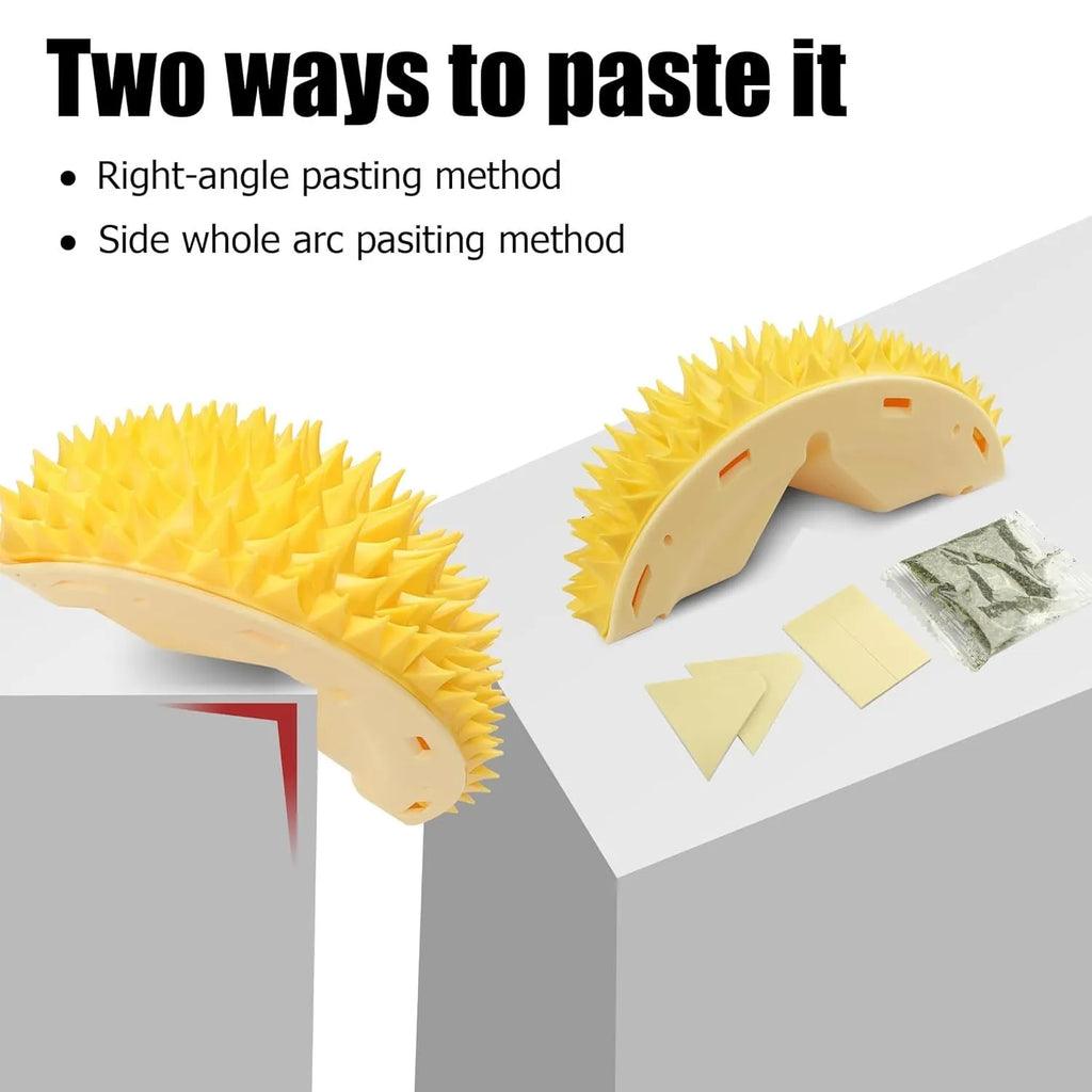 Yellow durian-shaped cat corner scratcher and groomer mounted on a wall