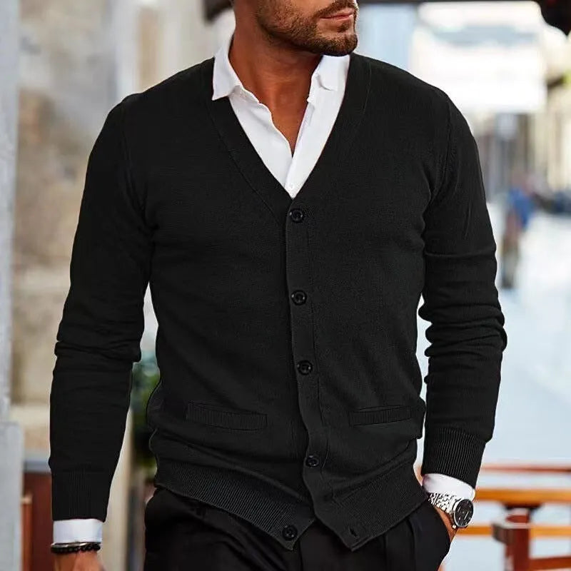 Men's slim fit acrylic cardigan in wine red colour showing front button detailing and long sleeves