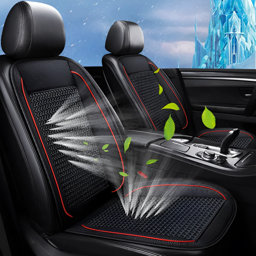 Black car ventilation seat cushion with massage function, shown with power cord, dimensions 60cm by 60cm.